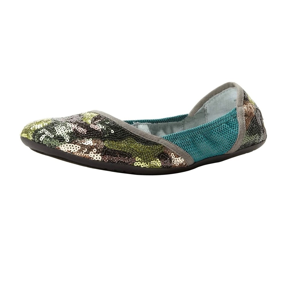 Dimmi Womens Size 8 Camouflage Sequin Ballet Flats Teal Mesh Round Toe Slip On